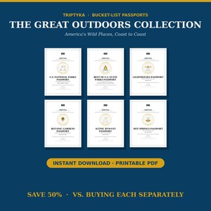 May include: A collection of six printable PDF passport booklets titled The Great Outdoors Collection, featuring U.S. National Parks, State Parks, Lighthouses, Botanic Gardens, Scenic Byways, and Hot Springs. Each white booklet has a gold circular icon.