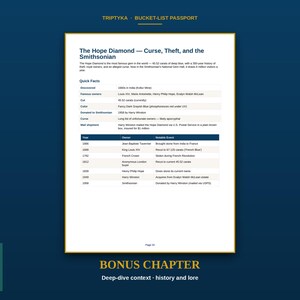 May include: A white informational page titled The Hope Diamond &mdash; Curse, Theft, and the Smithsonian. It includes a summary, a Quick Facts table detailing its history, owners, and physical properties, and a chronological table of notable events.