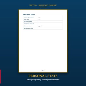 May include: A white page from a Triptyka Bucket-List Passport titled Personal Stats. The table includes rows for states or regions covered, photos saved, trip routes completed, favourite single arena, NBA arenas visited of 30, and best player seen.