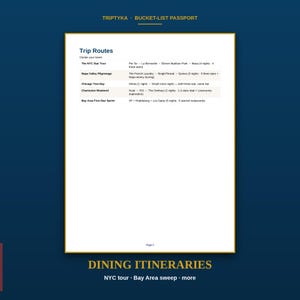 May include: A white page titled Trip Routes from a Triptyka Bucket-List Passport. The document lists dining itineraries including The NYC Star Tour, Napa Valley Pilgrimage, Chicago Two-Day, Charleston Weekend, and Bay Area Five-Star Sprint.