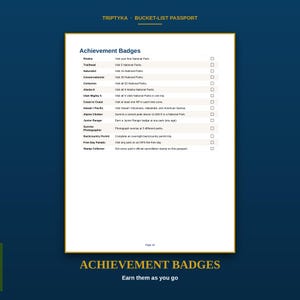 Puede incluir: Una p&aacute;gina blanca de un pasaporte Triptyka Bucket-List titulada Achievement Badges. La lista incluye elementos como Rookie, Trailhead y Centurion con casillas de verificaci&oacute;n. El texto es azul oscuro sobre fondo blanco con un borde dorado.