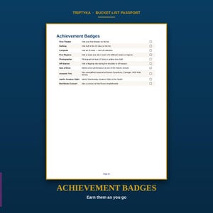 K&ouml;nnte beinhalten: Eine wei&szlig;e Seite mit dem Titel Achievement Badges aus einem Triptyka Bucket-List Passport. Die Liste enth&auml;lt First Theater, Halfway, Complete, Five Regions, Photographer, Off-Season, Saw a Show, Acoustic Trio, Apollo Amateur Night und Red Rocks Concert.
