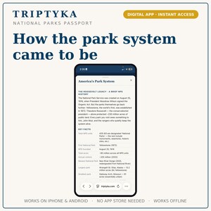 K&ouml;nnte beinhalten: Ein Smartphone mit der digitalen App Triptyka National Parks Passport. Der Bildschirm zeigt einen Artikel mit dem Titel America's Park System mit Text &uuml;ber das Roosevelt-Verm&auml;chtnis und Fakten zur Geschichte und Statistik des National Park Service.