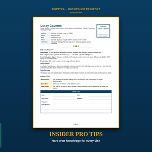 May include: A Triptyka Bucket-List Passport page featuring Luray Caverns in Virginia. The document includes address, phone, website, hours, admission, facts about the Great Stalacpipe Organ, insider tips, and a visit log section for date and notes.