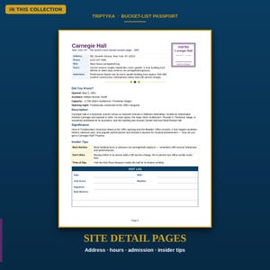 May include: A white informational page titled Carnegie Hall from a bucket-list passport collection. It includes the address, phone number, website, hours, and admission details, along with historical facts, insider tips, and a visit log section.