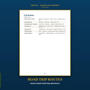 May include: A white page titled Trip Routes from a Triptyka Bucket-List Passport. The document lists travel itineraries including Hudson Valley, Pennsylvania Falls, New England Coast, Carolinas Coast, Tennessee Falls, Texas Hill Country, and California Wonders.