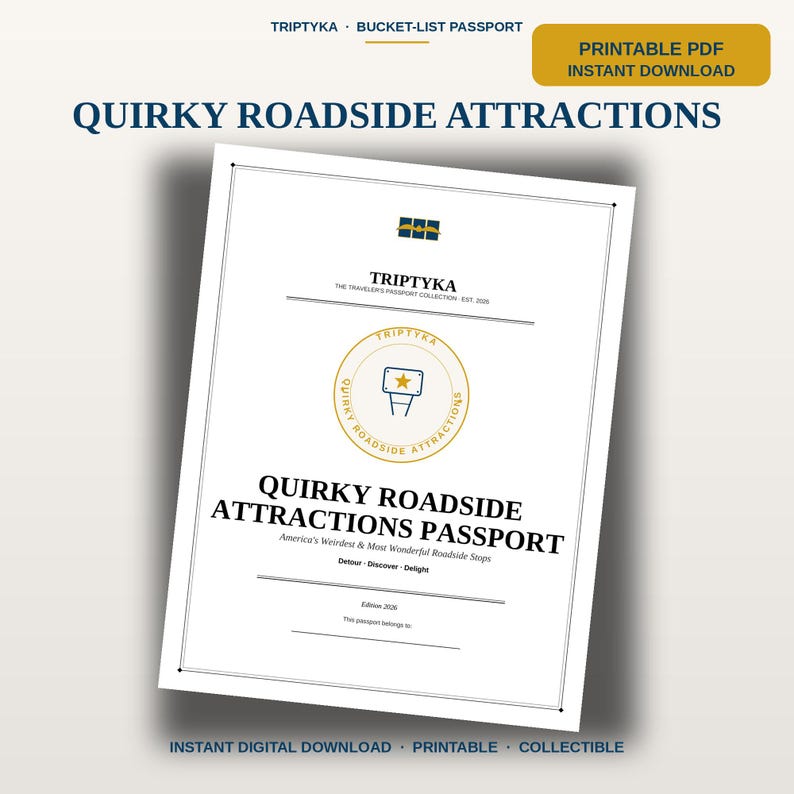 May include: A white printable PDF document titled Quirky Roadside Attractions Passport. The cover features a gold circular emblem with a star icon, the text Triptyka, The Traveler's Passport Collection, and America's Weirdest & Most Wonderful Roadside Stops.