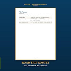 May include: A white page titled Trip Routes from a Triptyka Bucket-List Passport. The document lists travel itineraries including Columbia Gorge Waterfall Day, Yosemite Falls Trip, Niagara + Letchworth, and Smoky Mountains Falls Hike with details.