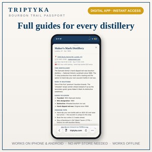 K&ouml;nnte beinhalten: Ein Smartphone mit der digitalen App Triptyka Bourbon Trail Passport. Der Bildschirm zeigt einen detaillierten Reisef&uuml;hrer f&uuml;r die Maker's Mark Destillerie, inklusive Standort, Kontakt, Tour-Details und Tipps auf wei&szlig;em Hintergrund.