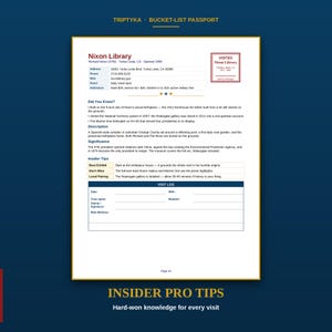 K&ouml;nnte beinhalten: Eine wei&szlig;e Seite aus einem Bucket-List-Reisepass mit dem Titel Nixon Library, die Details zum Standort, Adresse, Telefonnummer, Website, &Ouml;ffnungszeiten und Eintritt enth&auml;lt. Sie umfasst einen Did You Know-Abschnitt, Beschreibung, Bedeutung, Insider-Tipps und ein Besuchsprotokoll.