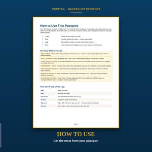 May include: A white informational document titled Triptyka Bucket-List Passport with black text. It outlines instructions for tracking visits to 22 historical religious sites, provides travel tips, and includes a template for filling out a visit log.