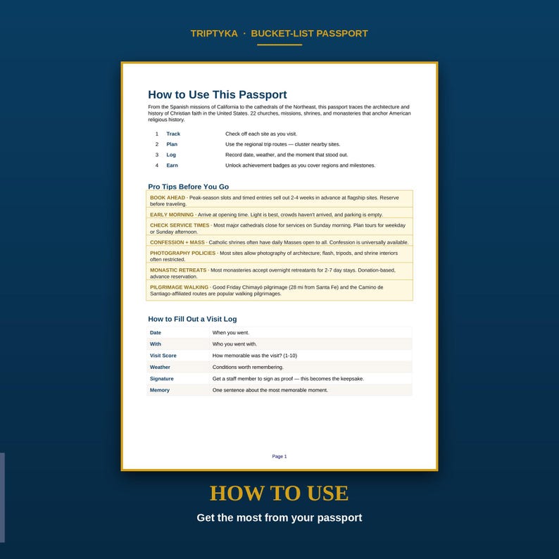 May include: A white informational document titled Triptyka Bucket-List Passport with black text. It outlines instructions for tracking visits to 22 historical religious sites, provides travel tips, and includes a template for filling out a visit log.