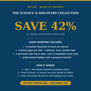 Puede incluir: Un gr&aacute;fico informativo azul oscuro titulado TRIPTYKA BUCKET-LIST PASSPORTS THE SCIENCE & DISCOVERY COLLECTION. Enumera caracter&iacute;sticas que incluyen una lista de verificaci&oacute;n, p&aacute;ginas de detalles, registros de visitas e insignias de logros.