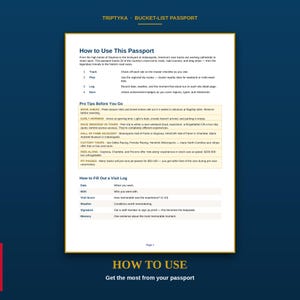 Puede incluir: Una p&aacute;gina informativa blanca titulada How to Use This Passport de Triptyka Bucket-List Passport. Incluye instrucciones sobre c&oacute;mo realizar el seguimiento, planificar, registrar y ganar insignias, adem&aacute;s de consejos profesionales y un diario de visitas.