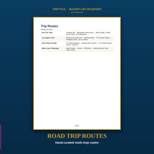K&ouml;nnte beinhalten: Eine wei&szlig;e Seite mit dem Titel Trip Routes aus einem Triptyka Bucket-List Passport. Das Dokument listet Reiserouten auf, darunter New York Triple, Los Angeles Triple, Movie Palace Heritage und Music Lover's Pilgrimage mit Veranstaltungsorten.