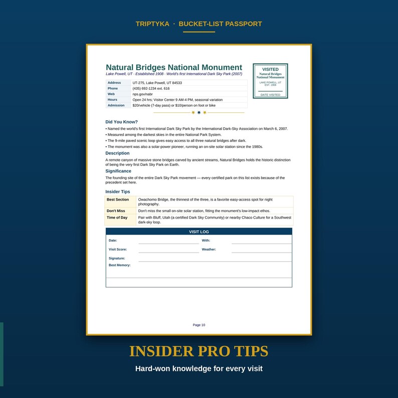 May include: A Triptyka Bucket-List Passport page for Natural Bridges National Monument. The document includes location details, a Did You Know section, description, significance, insider tips, and a visit log with fields for date, weather, and notes.