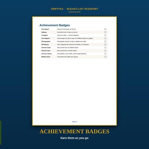 May include: A white page titled Achievement Badges from a Triptyka Bucket-List Passport. The list includes First Beach, Halfway, Complete, Five Regions, Photographer, Off-Season, Sunrise Coast, Sunset Coast, All Four Coasts, and Whitest Sand.