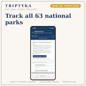 May include: A smartphone displaying the Triptyka National Parks Passport digital app. The screen shows a welcome message, a progress bar for 63 national parks, and a list including Acadia and Shenandoah National Parks. Text reads: Track all 63 national parks.
