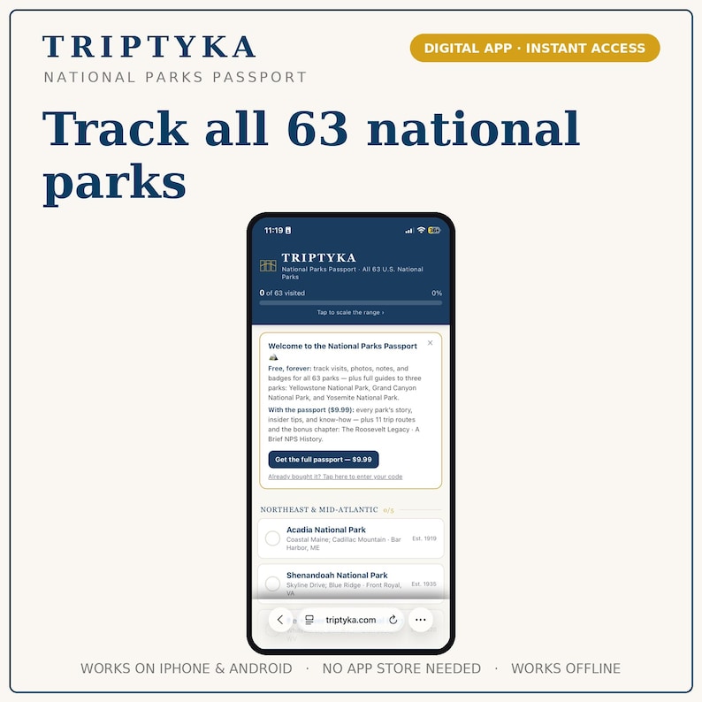 K&ouml;nnte beinhalten: Ein Smartphone mit der digitalen App Triptyka National Parks Passport. Der Bildschirm zeigt eine Willkommensnachricht, einen Fortschrittsbalken f&uuml;r 63 Nationalparks und eine Liste mit Acadia und Shenandoah National Parks. Text: Track all 63 national parks.