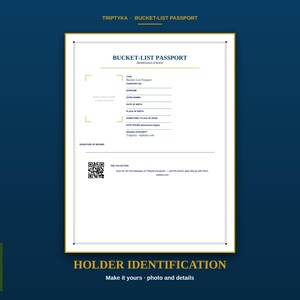 Pu&ograve; includere: Una pagina di identificazione per passaporto bucket-list rettangolare bianca con bordi dorati e testo blu scuro. Presenta campi per i dettagli personali, un segnaposto per foto, una riga per la firma e un codice QR con testo Triptyka.