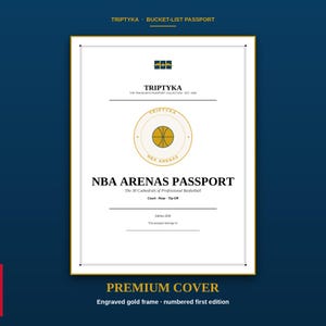 May include: A rectangular white passport booklet with a gold frame and black text reading TRIPTYKA, NBA ARENAS PASSPORT, The 30 Cathedrals of Professional Basketball, Court, Roar, Tip-Off, Edition 2026, and This passport belongs to, with a gold basketball icon.