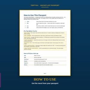 K&ouml;nnte beinhalten: Eine wei&szlig;e Informationsseite mit dem Titel Triptyka Bucket-List Passport und dunkelblauem Text. Sie enth&auml;lt Anweisungen zum Nachverfolgen, Planen, Protokollieren und Sammeln von Abzeichen sowie Profi-Tipps f&uuml;r Theaterbesuche und ein Logbuch.