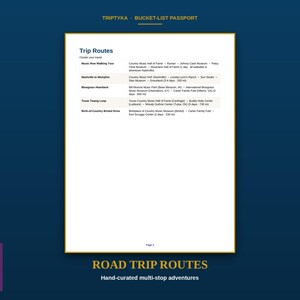 K&ouml;nnte beinhalten: Eine wei&szlig;e Seite mit dem Titel Trip Routes aus einem Triptyka Bucket-List Passport. Das Dokument listet f&uuml;nf Reiserouten auf, darunter Music Row Walking Tour, Nashville to Memphis, Bluegrass Heartland, Texas Twang Loop und Birth-of-Country Bristol Drive.