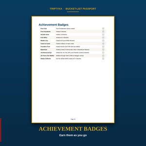 K&ouml;nnte beinhalten: Eine wei&szlig;e Seite mit dem Titel Achievement Badges aus einem Triptyka Bucket-List Passport. Die Liste enth&auml;lt Kategorien wie First Visit, Five Presidents und Full Office, jeweils mit einem Kontrollk&auml;stchen zur Verfolgung der Besuche in verschiedenen Pr&auml;sidentenbibliotheken.