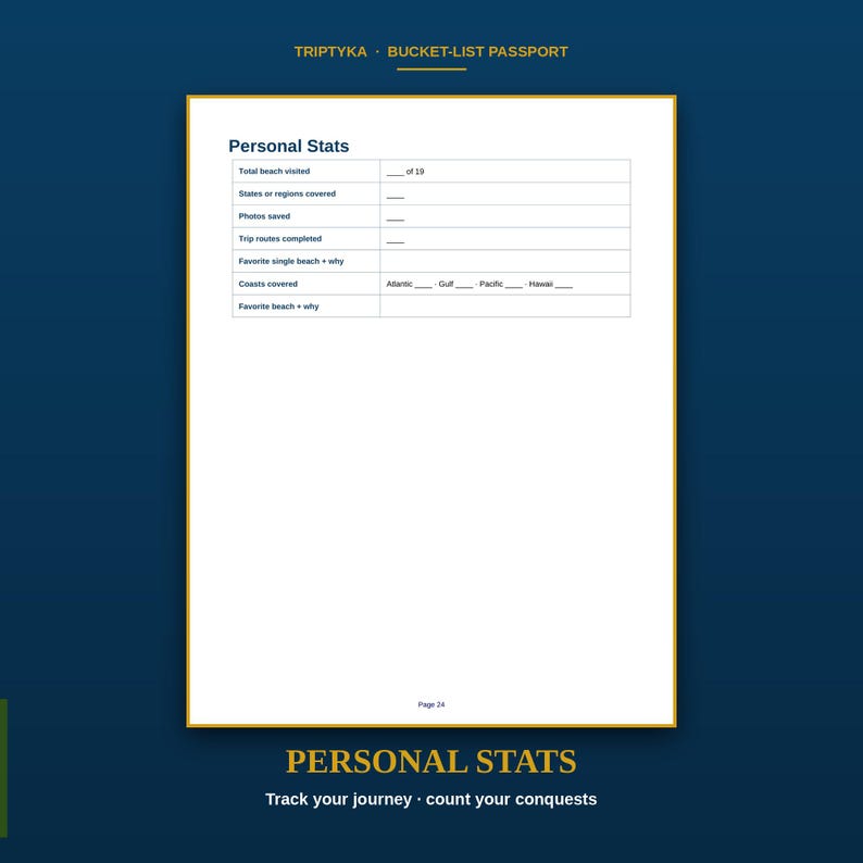 May include: A white page from the Triptyka Bucket-List Passport titled Personal Stats. The page features a table with fields for total beaches visited, states covered, photos saved, trip routes, coasts covered, and favorite beach details.