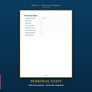 May include: A white page from a Triptyka Bucket-List Passport titled Personal Stats. The page features a table with rows for Total attractions visited, States covered, Photos saved, Trip routes completed, Weirdest thing you saw, Favorite single stop + why, Miles detoured, and Best roadside photo.