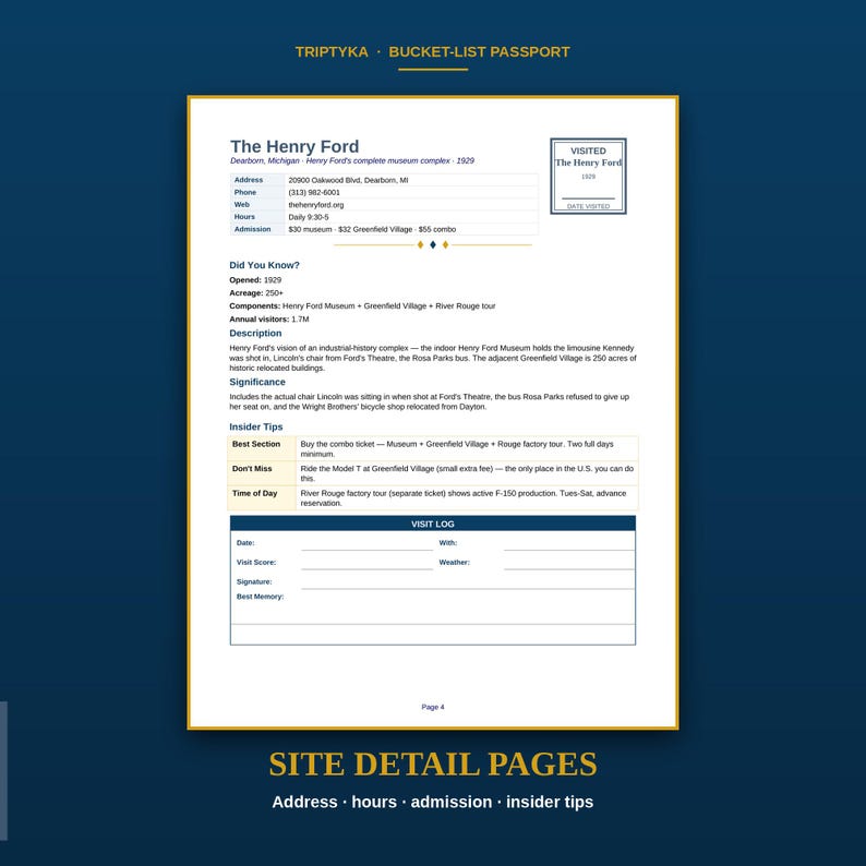 May include: A Triptyka Bucket-List Passport site detail page for The Henry Ford museum complex. The document includes address, contact info, hours, admission, historical facts, significance, insider tips, and a visit log section for notes.