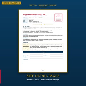 Puede incluir: Una p&aacute;gina del Triptyka Bucket-List Passport que detalla el Augusta National Golf Club. El documento incluye informaci&oacute;n de contacto, datos hist&oacute;ricos, una descripci&oacute;n, consejos de expertos y una secci&oacute;n de registro de visitas.