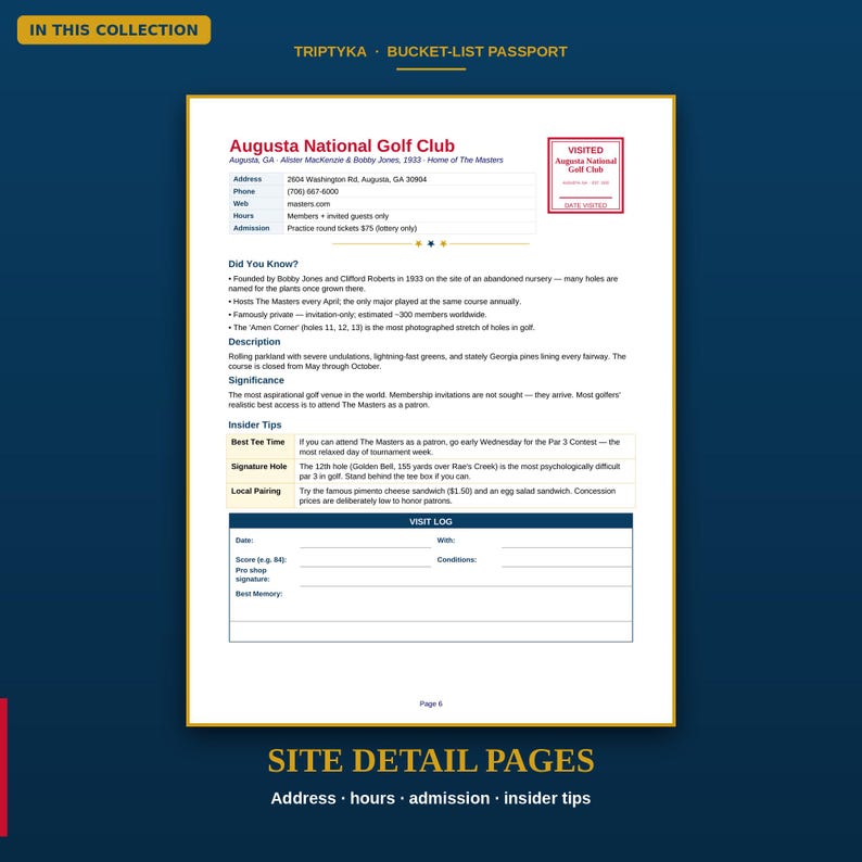 Puede incluir: Una p&aacute;gina del Triptyka Bucket-List Passport que detalla el Augusta National Golf Club. El documento incluye informaci&oacute;n de contacto, datos hist&oacute;ricos, una descripci&oacute;n, consejos de expertos y una secci&oacute;n de registro de visitas.