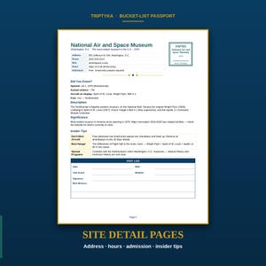 May include: A white page from a bucket-list passport titled National Air and Space Museum, Washington, D.C. The page includes address, phone, website, hours, admission, facts, insider tips, and a visit log section with fields for date and notes.