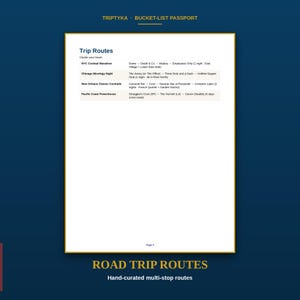 May include: A white page titled Trip Routes from a Triptyka Bucket-List Passport. The document lists four travel itineraries: NYC Cocktail Marathon, Chicago Mixology Night, New Orleans Classic Cocktails, and Pacific Coast Powerhouse, with specific bar locations and durations for each route.