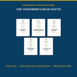 Pu&ograve; includere: Una collezione di cinque libretti rettangolari bianchi intitolati The Snowbird's Road South, contenenti passaporti per strade panoramiche, attrazioni insolite, ristoranti iconici, case storiche e parchi nazionali degli Stati Uniti.