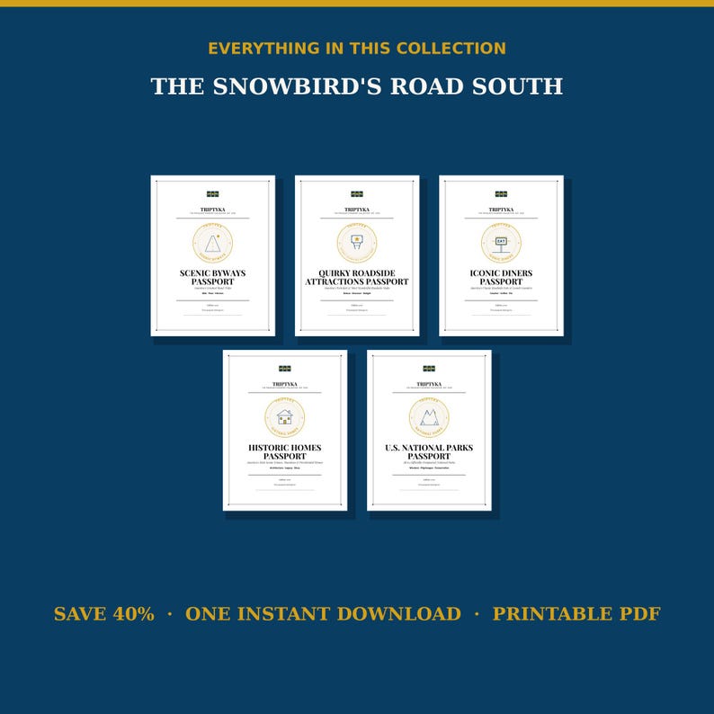 Pu&ograve; includere: Una collezione di cinque libretti rettangolari bianchi intitolati The Snowbird's Road South, contenenti passaporti per strade panoramiche, attrazioni insolite, ristoranti iconici, case storiche e parchi nazionali degli Stati Uniti.