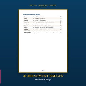 May include: A white page from the Triptyka Bucket-List Passport titled Achievement Badges. It lists goals like First Zoo, Halfway, Complete, Five Regions, Photographer, Off-Season, Free Trio, Aquarium Coast-to-Coast, and Animal Encounter with checkboxes.
