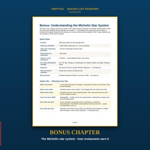 May include: A white informational page titled Bonus: Understanding the Michelin Star System, featuring text about restaurant ratings, historical facts, and visitor information. The document includes tables detailing star criteria and inspector roles.