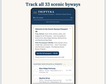 Scenic Byways App — Digital Bucket List Tracker for Your Phone | Track 33 Scenic Drives | Instant Access + Unlock Code
