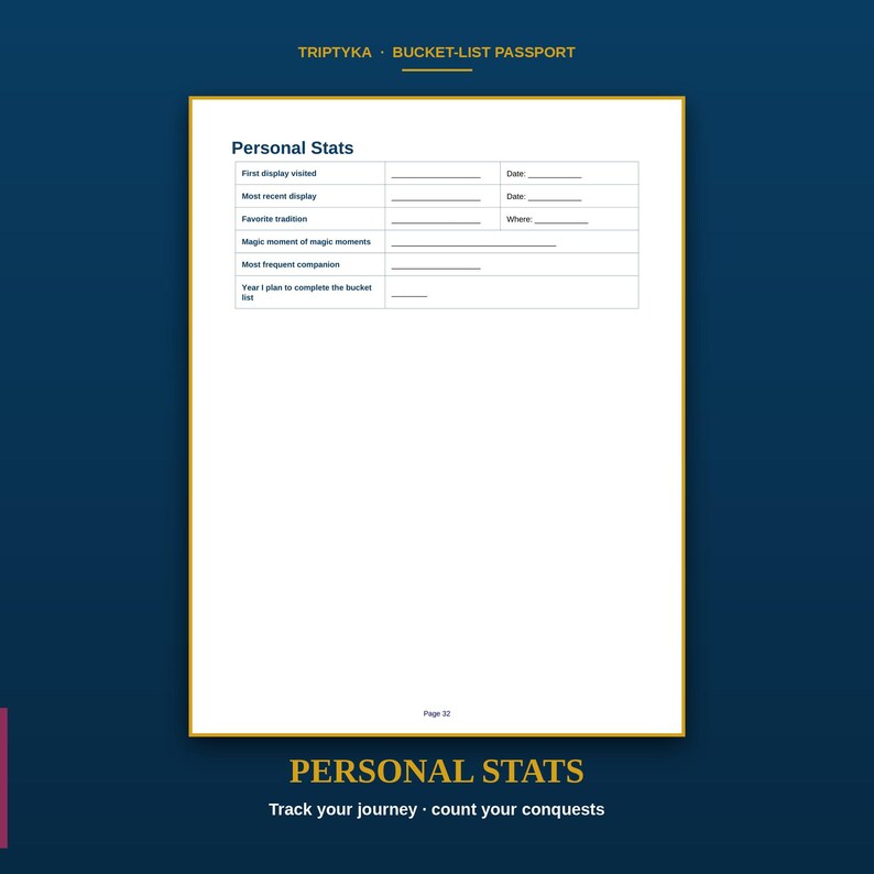K&ouml;nnte beinhalten: Eine wei&szlig;e Seite aus einem Bucket-List-Pass mit der &Uuml;berschrift Personal Stats und einer Tabelle zum Eintragen von Informationen wie erster Besuch, letzter Besuch, Lieblingstradition, magische Momente, Begleiter und Jahr, mit Seitenangabe 32 unten.