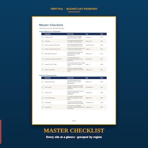 May include: A white paper document titled Master Checklist from the Triptyka Bucket-List Passport. The page features two tables categorised as Giant Objects & Landmarks and Folk-Art Environments, listing various attractions, descriptions, cities, and years.