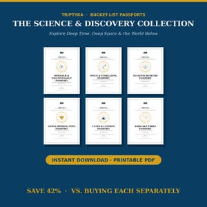 Puede incluir: Una colecci&oacute;n de seis pasaportes PDF imprimibles titulada The Science & Discovery Collection de Triptyka. El conjunto incluye los pasaportes Dinosaur & Paleontology, Space & Stargazing, Aviation Museums, Gem & Mineral Sites, Caves & Caverns y Dark Sky Parks.