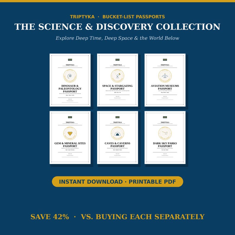 Puede incluir: Una colecci&oacute;n de seis pasaportes PDF imprimibles titulada The Science & Discovery Collection de Triptyka. El conjunto incluye los pasaportes Dinosaur & Paleontology, Space & Stargazing, Aviation Museums, Gem & Mineral Sites, Caves & Caverns y Dark Sky Parks.