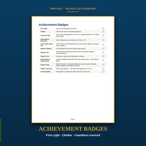 Pu&ograve; includere: Una pagina bianca intitolata Achievement Badges tratta da un passaporto Triptyka Bucket-List. L'elenco include voci come First Light, Climber e Coast-to-Coast con caselle di controllo per monitorare le visite ai fari negli Stati Uniti.