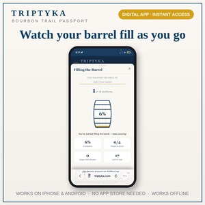 K&ouml;nnte beinhalten: Ein Smartphone mit der digitalen App Triptyka Bourbon Trail Passport. Der Bildschirm zeigt eine Fassgrafik mit 6 % Fortschritt sowie den Text 'Filling the Barrel', '1 of 18 distilleries' und 'Watch your barrel fill as you go'.
