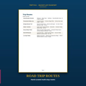 K&ouml;nnte beinhalten: Eine wei&szlig;e Seite mit dem Titel Trip Routes aus einem Triptyka Bucket-List Passport. Das Dokument listet Reisepl&auml;ne auf, darunter Smoky Mountain Christmas, Pennsylvania Holiday Loop, Michigan Bavarian Trail, Atlanta + Carolinas und Las Vegas Holiday.
