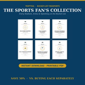 Puede incluir: Una colecci&oacute;n de seis libretas de pasaporte digitales blancas tituladas The Sports Fan's Collection, con iconos de estadios, campos de golf, f&uacute;tbol universitario, NFL, pistas de carreras y hockey, con texto de descarga instant&aacute;nea PDF.