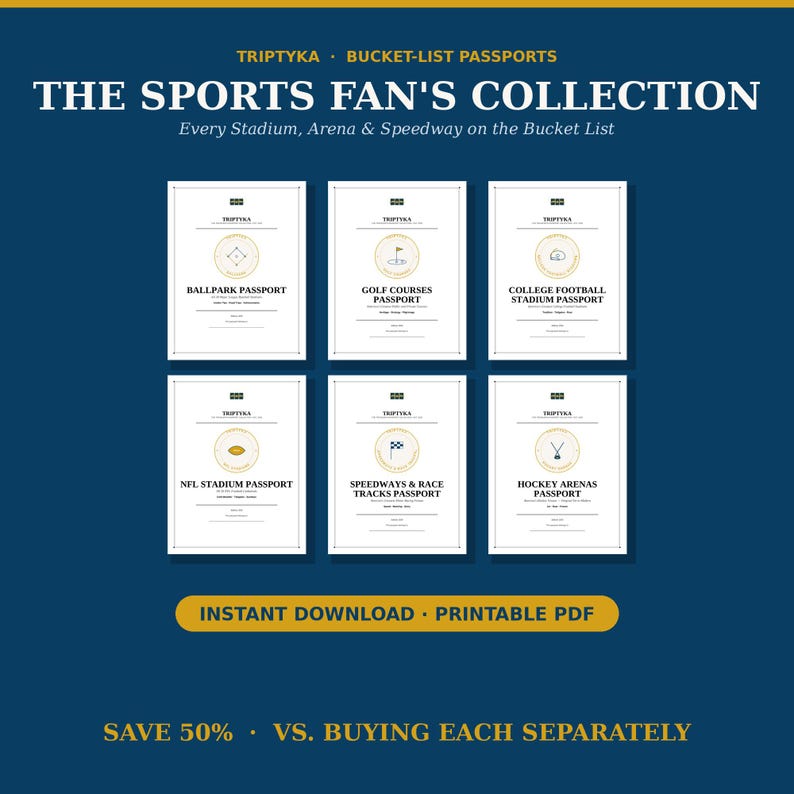 Puede incluir: Una colecci&oacute;n de seis libretas de pasaporte digitales blancas tituladas The Sports Fan's Collection, con iconos de estadios, campos de golf, f&uacute;tbol universitario, NFL, pistas de carreras y hockey, con texto de descarga instant&aacute;nea PDF.