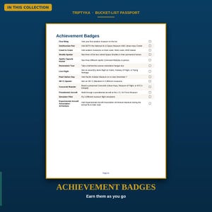 Puede incluir: Una p&aacute;gina blanca titulada Achievement Badges de un pasaporte Triptyka Bucket-List. La lista incluye elementos como First Wing, Smithsonian Pair y Shuttle Spotter, cada uno con una casilla de verificaci&oacute;n. El pie de p&aacute;gina muestra el n&uacute;mero 31.